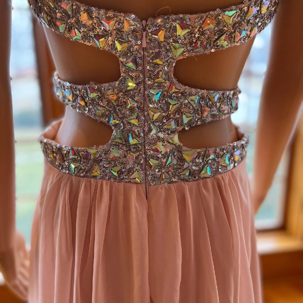 *Prom Gown By Wedding Dress Pink Chiffon Crystal Bodice Cut out Sides Size 12